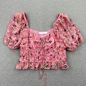 ASTR The Label Floral Puff Sleeve Top Womens L Pink Chiffon Shirred Cottagecore